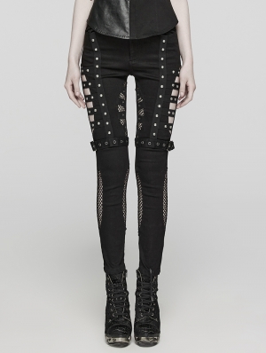 Black Gothic Punk Mesh Splicing Hollow Washed Jeans for Women