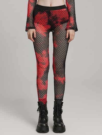 Black and Red Sexy Gothic Punk Perspective Mesh Leggings for Women