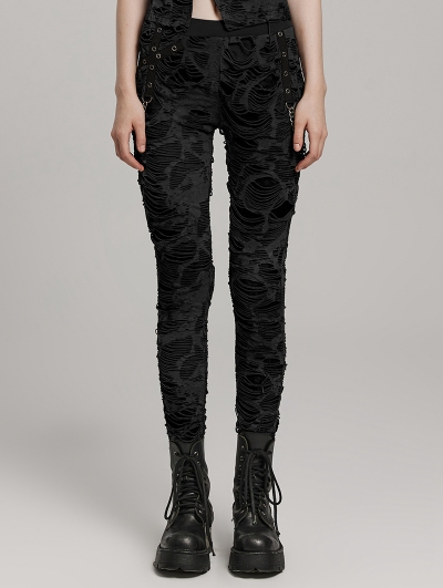 Black Gothic Decayed Punk Slim Fit Long Trousers for Women