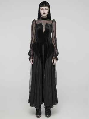 Black Sexy Gothic Bat Velvet Lace Long Mesh Sleeve Dress