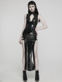Black Gothic Sexy Punk Glossy Faux Leather Slit Long Dress