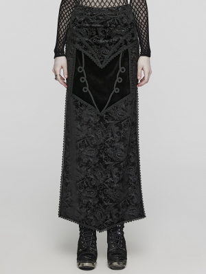Black Gothic Retro Printed Velvet Split Long Sexy Skirt