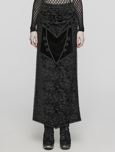 Black Gothic Retro Printed Velvet Split Long Sexy Skirt