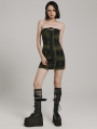 Black and Green Gothic Sexy Front Drawstring Printed Tube Short Dress