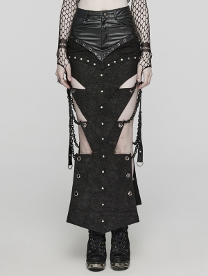 Black Gothic Punk Triangular Pieces Hollow Out Chain Long Skirt
