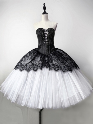 Black and White Gothic  Lace TuTu Style Corset Mid-Length Prom Party Dress