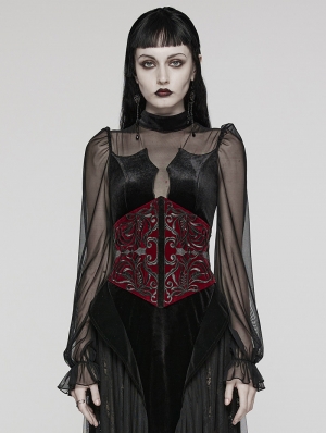 Red Gothic Embroidery Velvet Retro Underbust Corset Waistband