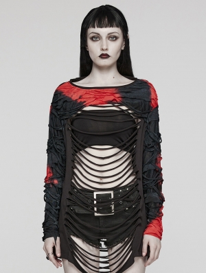 Black and Red Gothic Punk Hollow Out Long Sleeve T-Shirt for Women