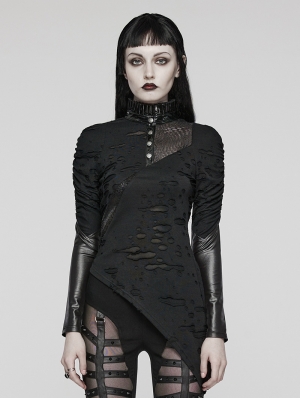 Black Gothic Punk Irregular Slim Long Sleeve T-Shirt for Women