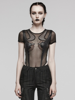 Black Gothic Punk Sexy Mesh Splicing Bodysuit for Women