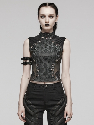 Black Gothic Punk Metal Eyelets Patterned Mesh Vest Top for Women