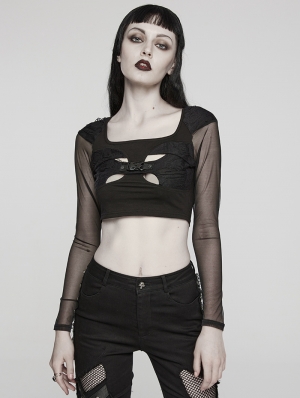 Black Gothic Punk Sexy Hollow Out Short Top for Women