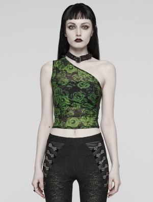 Women's Black and Green Gothic Asymmetric Sexy Mesh Printed Top With Detachable Choker