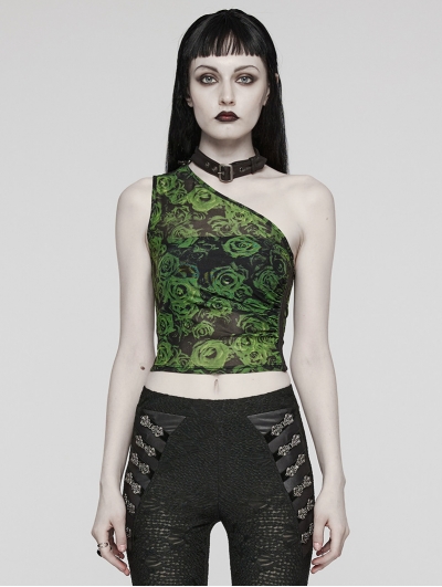 Women's Black and Green Gothic Asymmetric Sexy Mesh Printed Top With Detachable Choker