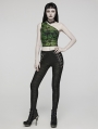 Women's Black and Green Gothic Asymmetric Sexy Mesh Printed Top With Detachable Choker