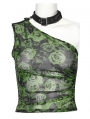 Women's Black and Green Gothic Asymmetric Sexy Mesh Printed Top With Detachable Choker