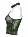 Women's Black and Green Gothic Asymmetric Sexy Mesh Printed Top With Detachable Choker