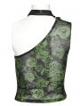 Women's Black and Green Gothic Asymmetric Sexy Mesh Printed Top With Detachable Choker