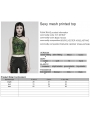 Women's Black and Green Gothic Asymmetric Sexy Mesh Printed Top With Detachable Choker