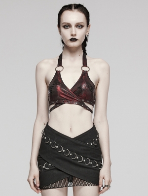 Black and Red Gothic Punk Sexy Halter Neck Crop Top for Women
