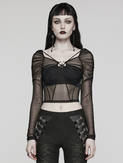 Black Gothic Sexy Long Sleeve Gathered Mesh T-Shirt for Women