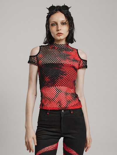 Black and Red Gothic Punk Tie-Dyed Mesh Short Sleeve T-Shirt for Women