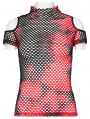 Black and Red Gothic Punk Tie-Dyed Mesh Short Sleeve T-Shirt for Women
