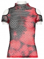 Black and Red Gothic Punk Tie-Dyed Mesh Short Sleeve T-Shirt for Women