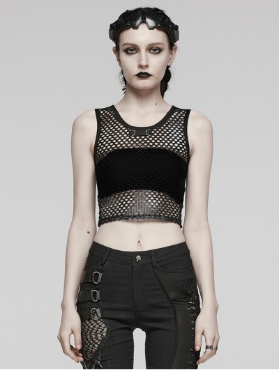 Black Gothic Punk Tie-Dyed Mesh Tank Top for Women