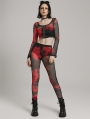 Black and Red Gothic Punk Tie-Dyed Mesh Long Sleeve Short T-Shirt for Women