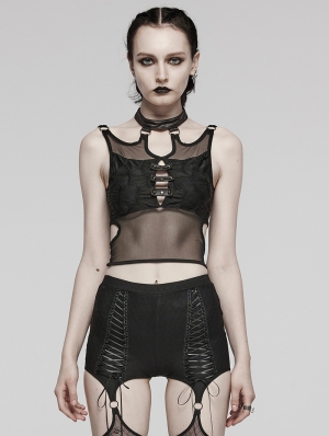 Black Gothic Punk Stud Textured Perspective Vest Top for Women