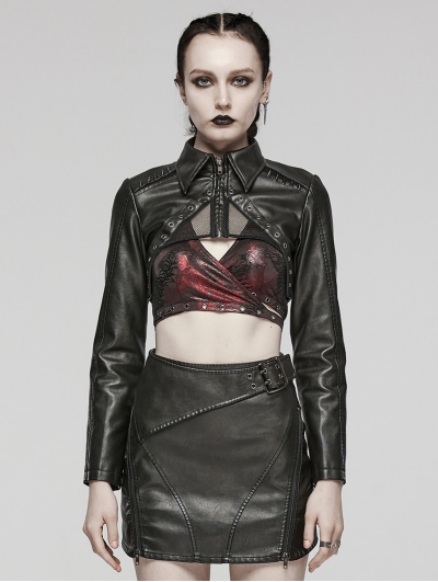 Black Gothic Punk Spiked PU Leather Short Jacket for Women