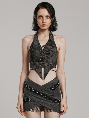 Dark Gray Punk Gothic Textured Halter Lace-Up Vest for Women