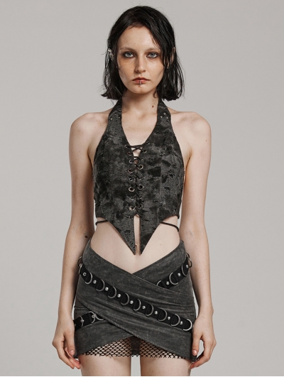 Dark Gray Punk Gothic Textured Halter Lace-Up Vest for Women