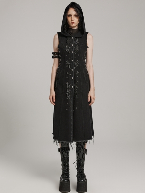 Black Gothic Punk Decayed Pins Hooded Long Vest for Women