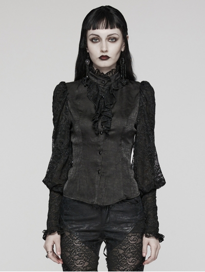 Black Gothic Gorgeous Retro Ruffle Lantern Sleeve Shirt for Women