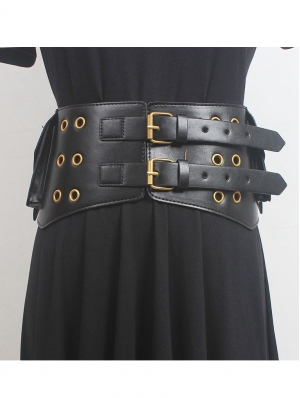 Black Gothic Punk Grommet Double-Buckle Irregular Girdle