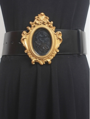 Black Leather Vintage Three-Dimensional Angel Embossed Buckle Belt