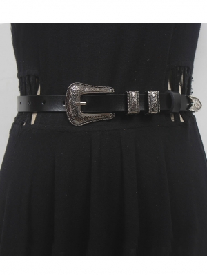 Black Retro Carved Buckle Skinny Leather Waistband