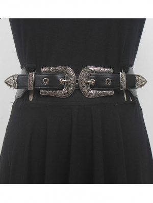 Black Double Vintage Carved Buckle Thin Belt