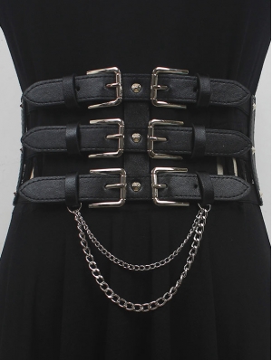 Black Dark Cyberpunk Gothic Functional Belt with Chain