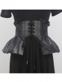 Black Gothic Faux Leather Lace-Up Ruffle Trim Fashion Waistband Belt