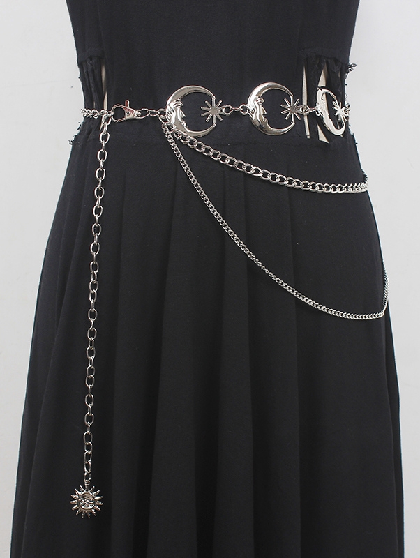 Silver Metal Punk Retro Multiple Moon Star Pendant Waist Chain Belt