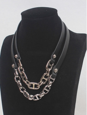 Black Leather Silver Metal Spliced Chunky Chain Choker