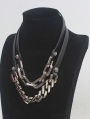 Black Leather Silver Metal Spliced Chunky Chain Choker