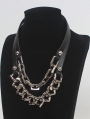 Black Leather Silver Metal Spliced Chunky Chain Choker