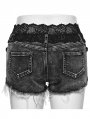 Black Gothic Grunge Lace Waistband Denim Hot Shorts for Women