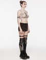 Brown Gothic Punk Mesh Hollow Out Denim Zip Front Mini Skirt