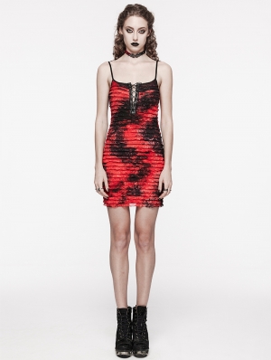 Black and Red Gothic Tie Dyed Textured Punk Slim Fit Short Dress