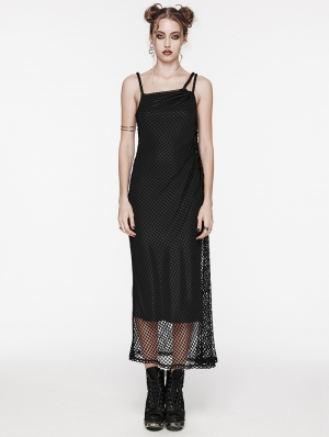 Black Gothic Daily Asymmetric Strap Mesh Overlay Long Slip Dress